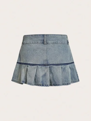 Vista 2 de Verdusa Minifalda de mezclilla plisada con volantes de cintura baja Y2K para mujer