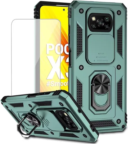 Vista 9 de Funda para Poco X3 NFC/Poco X3Pro/PocoX3 con protector de pantalla de vidrio templado y cubierta de cámara deslizante, anillo magnético Soporte