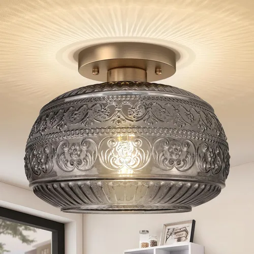 Vista 9 de Lámpara de Techo Semiempotrada, Luminaria Moderna Mejorada Cerca del Techo con Vidrio Transparente, Dorada, Iluminación Interior para Cocina