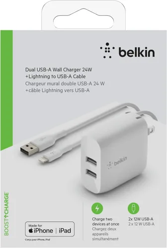 Vista 4 de Belkin Cargador de pared USB de doble puerto de 24 W - Cable Lightning incluido - Cargador para iPhone de carga rápida - Bloque de cargador USB
