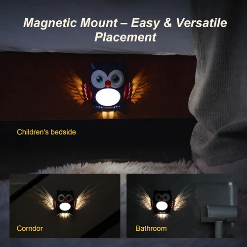 Vista 6 de Luz nocturna de búho 3D para niños - Lámpara de noche LED con sensor de movimiento con montaje magnético, 3 modos