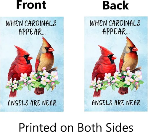 Vista 2 de Bandera de jardín cardenal When Cardinals Appear Angels Are Near Memorial Yard Flag 12x18 pulgadas de doble cara floral de pájaros rojos bandera