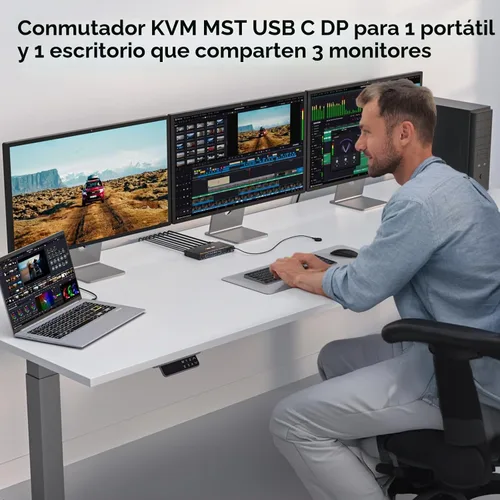 Vista 3 de Interruptor KVM USB C DP, 2 computadoras, 3 monitores, interruptor KVM MST 4K/1080P a 60Hz para 1 PC y 1 computadora portátil Share 3 monitores