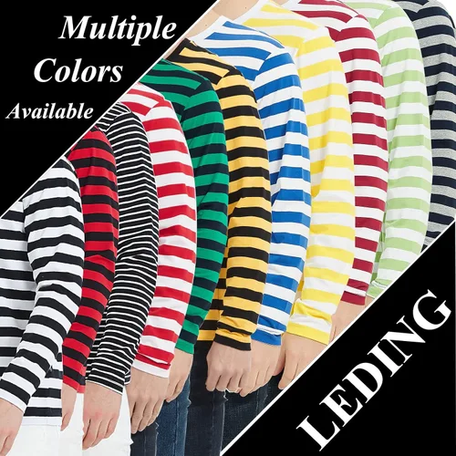 Vista 6 de LEDING Camisa para hombre a rayas, color negro, blanco, algodón, elastano, cuello redondo, manga larga, básica, a rayas, casual, camiseta de cuello