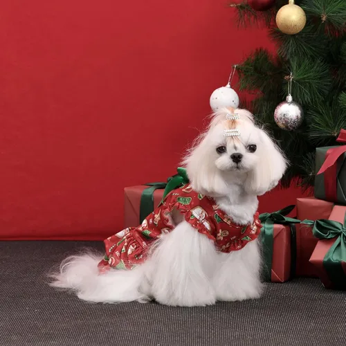 Vista 6 de CuteBone Vestido de Navidad para perro, falda de doble capa, traje de gato, ropa para perros pequeños, disfraz de cumpleaños, DR29L