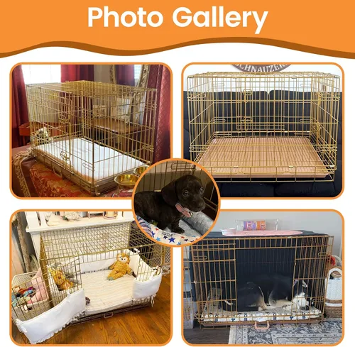 Vista 9 de HOMEY PET 61 cm Caja para perros de diseño plegable de color dorado para cachorros Ertra de tamaño pequeño con rejilla de suelo extraíble y bandeja