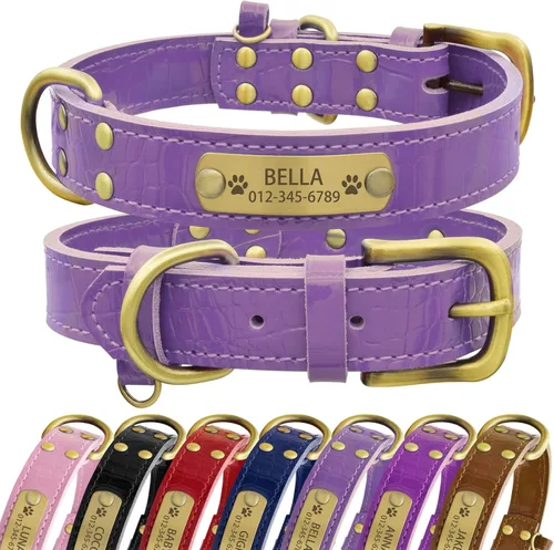Vista 15 de Collar de perro de cuero genuino personalizado Senristar con placa de nombre grabada - Collar para perro duradero y elegante personalizado para Negro