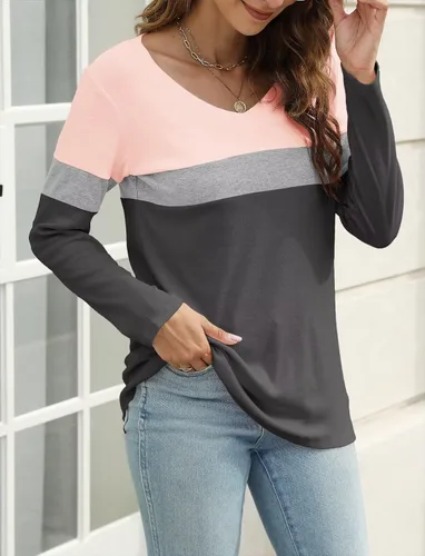 Vista 4 de Minetom Camisetas de manga larga con cuello en V para mujer, estilo casual, bloque de colorsólido, camisetas básicas