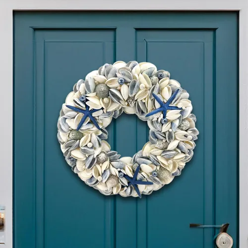 Vista 7 de Natural Seashell Wreath w/Shells, Starfish, Pearls, Sea Snails - Spring & Summer Coastal Decor Beach House Indoor Door Wreath, 18in White/Natural