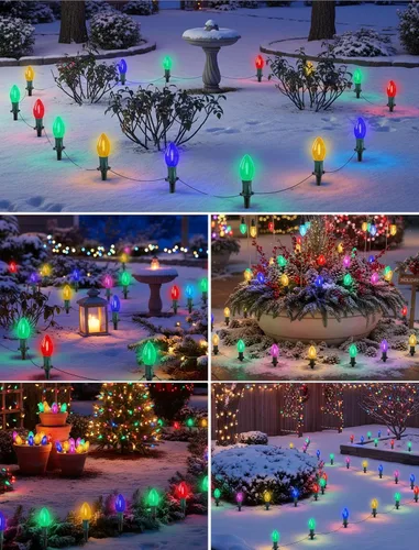 Vista 6 de 11.58m luces LED multicolor para camino de Navidad, 25 luces multicolor extensibles resistentes al clima para camino de Navidad con bombillas LED C9