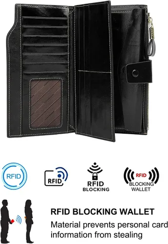 Vista 21 de Cartera plegable de cuero de gran capacidad con bloqueo RFID para mujer