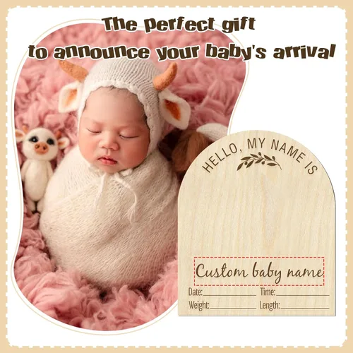 Vista 2 de Letrero de anuncio de nacimiento para recién nacido, anuncio de bebé personalizado, letrero de madera grabado con nombre de bebé, accesorios
