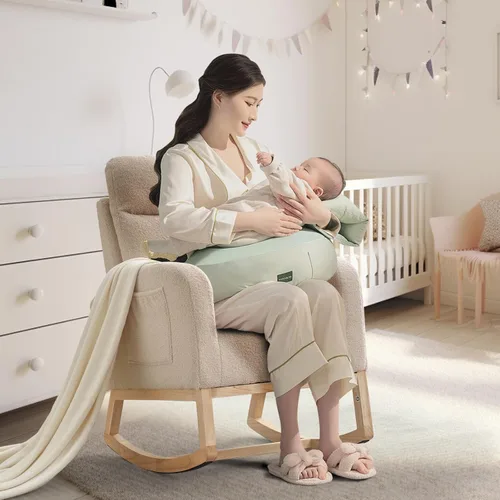 Vista 7 de Mecedora para guardería, moderna mecedora tapizada con bolsillo lateral, respaldo alto, asiento acolchado para sala de estar, guardería, dormitorio
