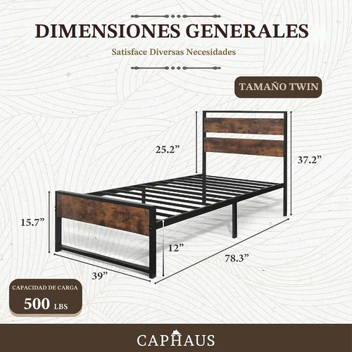 Vista 2 de CAPHAUS Base de cama de metal con cabecera y estribo de madera modernos, base de colchón, plataforma de metal con marco de acero de primera calidad