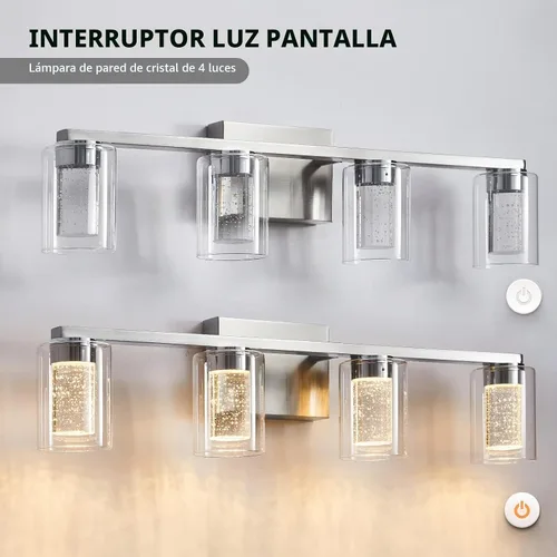 Vista 3 de SADENICEL Accesorios de iluminación de baño de 4 luces, níquel cepillado, LED regulable blanco/neutro/cálido, luces de tocador de baño de cristal