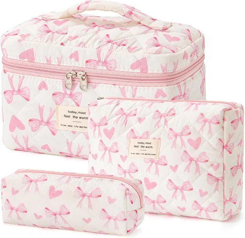 Vista 18 de HBselect Bolsa de Maquillaje Acolchada, 3 Piezas de Gran Bolsa de Maquillaje de Viaje de Algodón, Linda Bolsa de Maquillaje Floral Coquette, Bolsa
