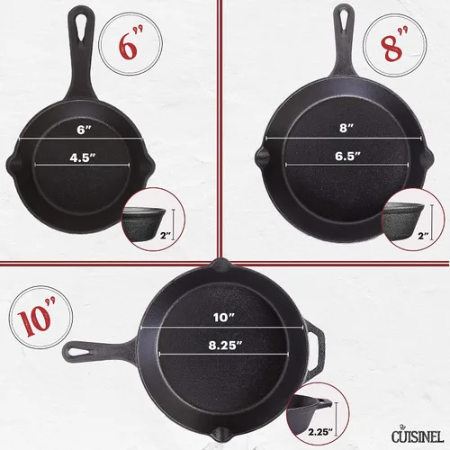 Vista 4 de Cuisinel Juego de sartenes de hierro fundido, 6 + 8 + 10 pulgadas + tapas de vidrio + fundas de soporte de mango de silicona - Sartén pre-sazonada
