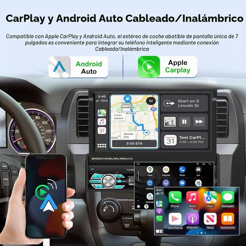 Vista 2 de Estéreo de coche con pantalla abatible Single Din con Carplay inalámbrico y Android Auto, pantalla táctil de 7 pulgadas, 1 Din, compatible