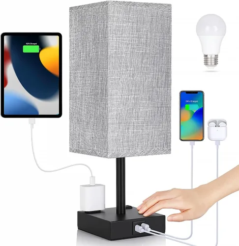 Vista 10 de Lámpara de noche con puertos USB - Lámpara de mesa de control táctil para dormitorio con puertos de carga USB C + A y salidas de AC, lámpara