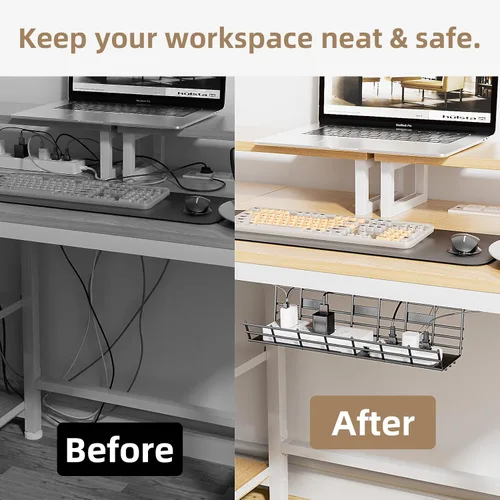 Vista 8 de Delamu - Paquete de 2 bandejas de gestión de cables para debajo del escritorio, organizador de cables de metal grande, organizador de cables