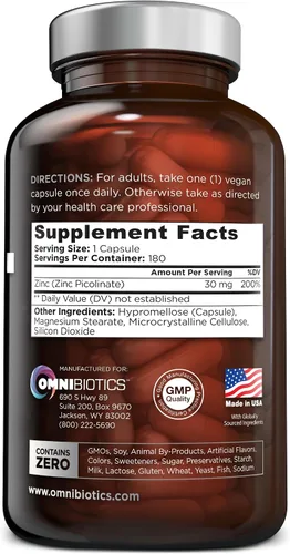 Vista 2 de OmniBiotics Suplemento de picolinato de zinc de 30 mg – Zinc de alta absorción para el sistema inmunológico, piel sana y apoyo energético – 180