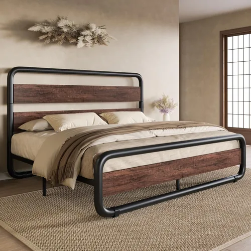 Vista 14 de SHA CERLIN Base de cama de metal de tamaño individual con cabecera y estribo de madera, base de cama de plataforma ovalada resistente