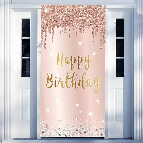 Vista 2 de Cartel de feliz cumpleaños de oro rosa rosa para mujer, pancarta de feliz cumpleaños para puerta y suministros de fiesta, grande 16, 21, 30, 40, 50