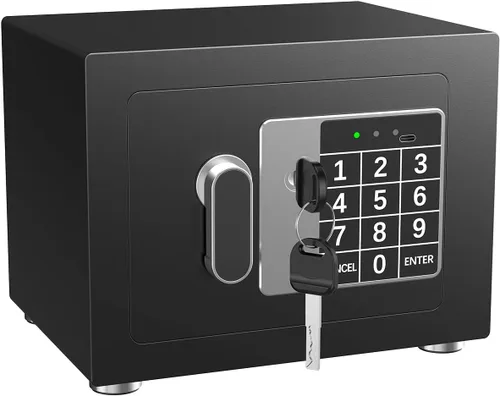 Vista 2 de Caja fuerte pequeña para el hogar, 6.7 pulgadas de profundidad x 9 pulgadas de ancho x 6.7 pulgadas de alto, caja de seguridad electrónica con Negro