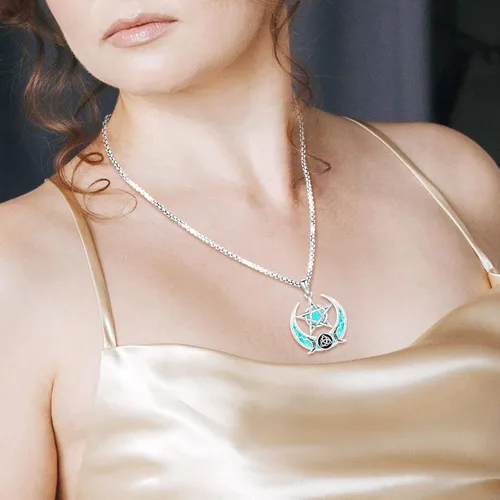 Vista 188 de Collar de pentagrama de plata de ley con triple luna, diosa celta, nudo celta, nudo de brujas, Ankh, sol y luna, Hécate, lilith, Santa Muerte