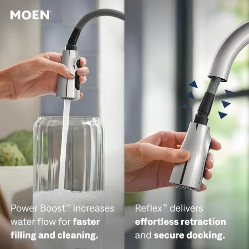 Vista 4 de Moen Haelyn - Grifo de cocina monocontrol con rociador extraíble cromado con potencia para una limpieza más rápida, dispensador de jabón incluido