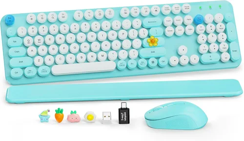 Vista 31 de Combo de teclado y mouse inalámbricos, teclado retro con teclas redondas, teclado estilo máquina de escribir de tamaño completo con reposamuñecas