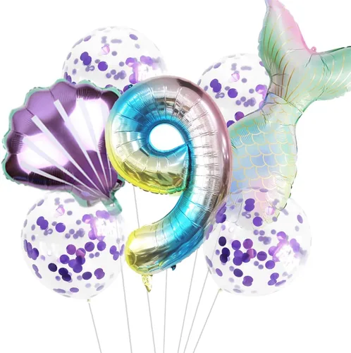 Vista 14 de 7 globos de sirena con números para fiesta de cumpleaños de 1, 2, 3, suministros de decoración de cola de sirena para niñas (número 0)