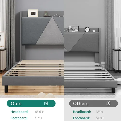 Vista 6 de YITAHOME Base de cama Queen con puertos tipo C y USB, plataforma tapizada de lino con cabecera de almacenamiento de lino, no necesita somier, sin