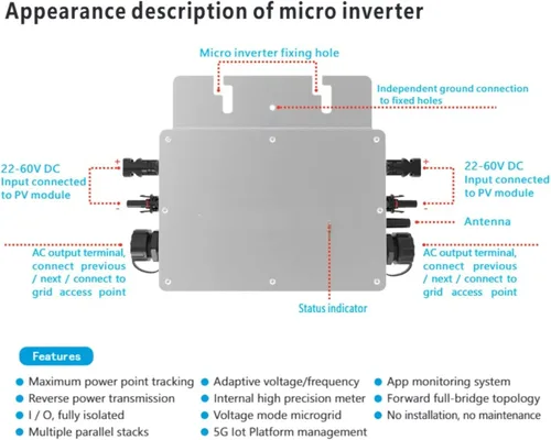 Vista 3 de Microinversor de lazo de rejilla solar de 700W, control WiFi móvil APP Monitoreo, salida de CA 120V para el sistema de energía solar casero