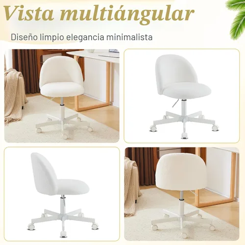 Vista 9 de VINGLI Silla de tocador moderna con respaldo, silla de escritorio de terciopelo para niñas, silla de oficina pequeña con ruedas silenciosas, Blanco