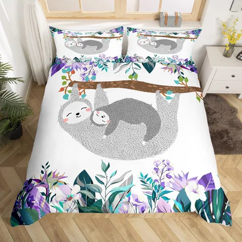 Vista 3 de Erosebridal Juego de ropa de cama de perezoso tamaño individual, adorable funda de edredón de perezoso en el árbol para niños y niñas, funda