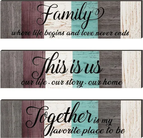Vista 8 de Jetec Letrero de madera familiar de 3 piezas con texto en inglés "This Is Us", decoración rústica de madera para el hogar, decoración de pared Marrón