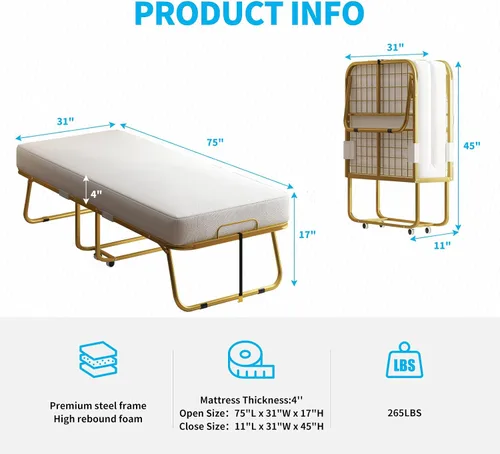 Vista 2 de PUREMIND Cama plegable con colchón de 4 pulgadas para adultos, cama plegable individual de 75 x 31 pulgadas, camas plegables portátiles, camas