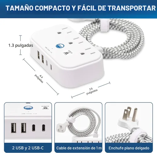 Vista 4 de Regleta de alimentación aprobada por crucero, protector sin sobretensiones con cable de extensión de viaje de 3.3 pies y puertos USB