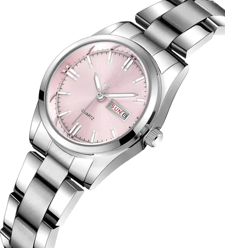 Vista 2 de Reloj de pulsera de cuarzo para mujer, luminoso, resistente al agua, con calendario, reloj de cuarzo de acero inoxidable