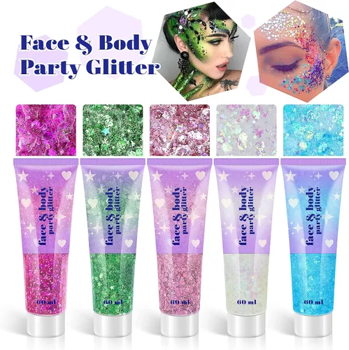 Vista 3 de Gel de purpurina facial, 2 tarros de maquillaje holográfico con purpurina gruesa para cuerpo, cabello, cara, uñas, labios, sombra de ojos, purpurina