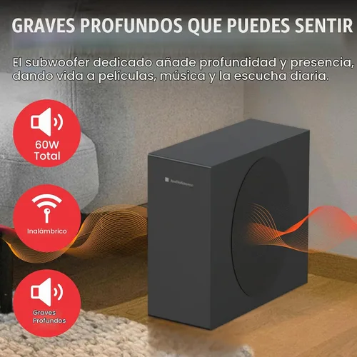 Vista 3 de Audiosource - Barra de sonido 2.1, subwoofer inalámbrico con Dolby Atmos, 120 W RMS y salida máxima de 240 W, diseño compacto, transmisión Bluetooth