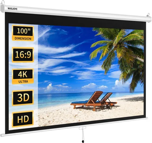 Vista 10 de WASJOYE Pantalla de proyector de 84 pulgadas manual desplegable – Pantalla de proyección retráctil HD 16:9 con bloqueo automático – Pantalla