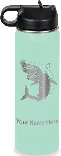Vista 53 de LaserGram Botella de agua personalizada, gran tiburón blanco, acero inoxidable de doble pared aislada al vacío con popote superior, regalo grabado