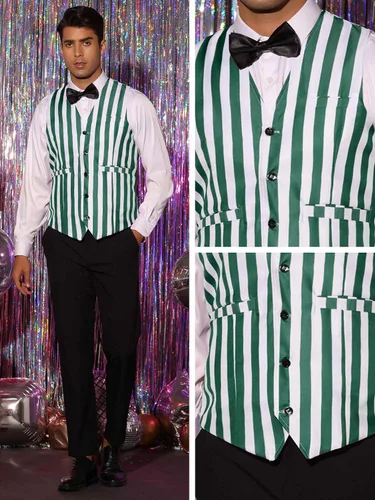 Vista 4 de Lars Amadeus Chaleco de negocios para hombre, ajustado, cuello en V, sin mangas, estampado a rayas Verde