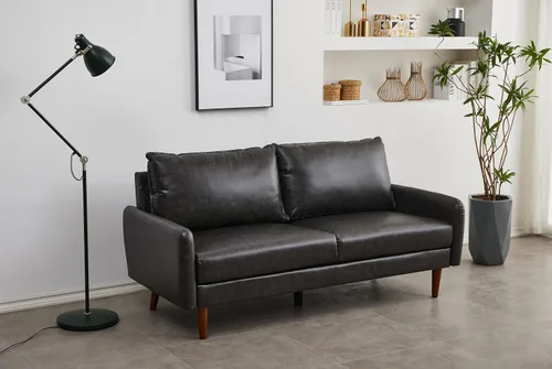 Vista 10 de INSTORY Sofá de dos plazas de cuero moderno Sofá cómodo con patas de madera para sala de estar, oficina - marrón