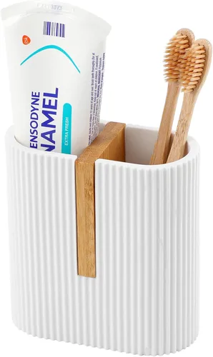 Vista 8 de Portacepillos de dientes para baño, soporte eléctrico de bambú para cepillos de dientes, color negro