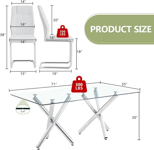 Vista 2 de Juego de mesa de comedor de cristal para 6, 71 pulgadas juego de mesa de comedor moderno para 6 7 Piece Dining Table Set, 6 White Dining Chairs