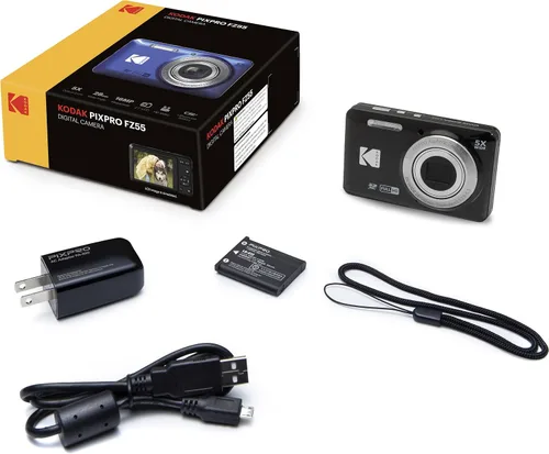 Vista 4 de Kodak PIXPRO FZ55 - Cámara digital negra de 16 MP con zoom óptico 5X, gran angular de 28 mm, video Full HD 1080P, pantalla LCD de 2,7", el conjunto