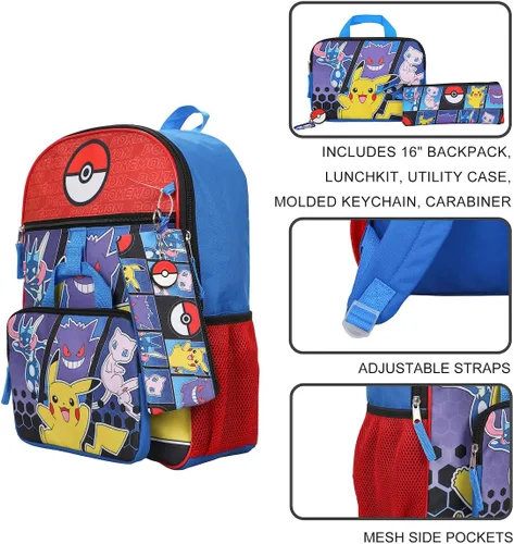 Vista 3 de BIOWORLD Pokemon Pokeball - Mochila de 5 piezas para hombre (niño pequeñoniño grande), color rojo, talla única